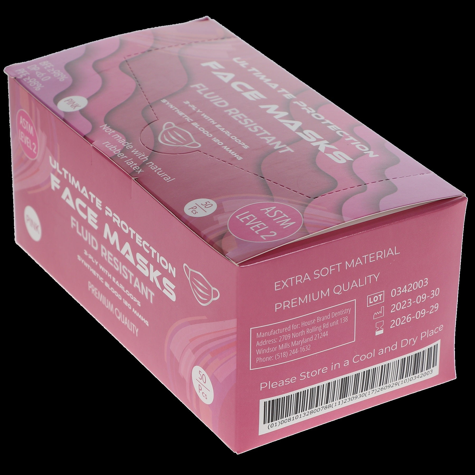 House Brand Dentistry 109121 HSB Earloop Face Masks 3-Ply ASTM Level 2 Pink 50/Bx House Brand Dentistry 109121 HSB Earloop Face Masks 3-Ply ASTM Level 2 Pink 50/Bx